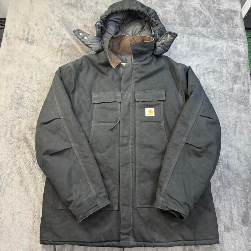 Carhartt Dearborn Hooded Coat Mens XL Black Duck Canvas Quilted Lined
